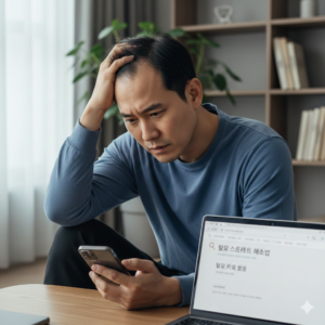 탈모로 인해 고민하며 스마트폰과 노트북을 보고 있는 한국인 남성