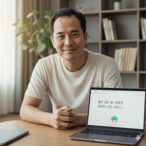 환하게 웃으며 노트북을 바라보는 자신감 넘치는 한국인 남성