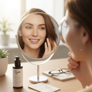 성분 분석을 통해 선택한 보습제로 건강해진 두피를 확인하며 만족해하는 모습 (Satisfied person checking a healthy scalp after using a moisturizer chosen through ingredient analysis)