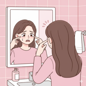 거울을 보며 넓어진 정수리 가르마와 탈모를 걱정하는 20대 여성(20s woman worried about hair loss looking at widening hair parting in the mirror, pastel pink webtoon style)