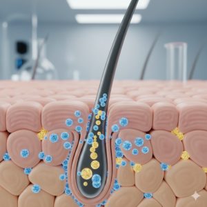 모낭에 침투하는 히알루론산과 판테놀 입자의 메디컬 확대샷 (Hyaluronic acid and Panthenol particles penetrating the hair follicle medical zoom-in)