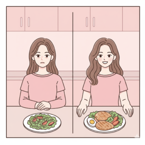 샐러드만 먹는 극단적 다이어트와 영양 균형 잡힌 식단을 비교하는 탈모 예방 ( comparison of extreme diet salad vs balanced protein diet for hair loss prevention )