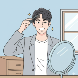 앞머리 스타일링을 자신 있게 마치고 외출 준비를 하는 남성 (Young man confidently styling his hair and getting ready to go out)