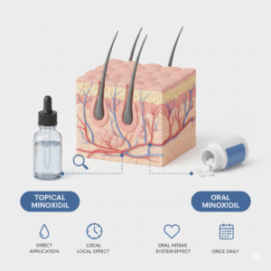 바르는 미녹시딜과 먹는 미녹시딜의 장단점을 비교하는 인포그래픽 (Infographic comparing pros and cons of topical vs oral minoxidil)