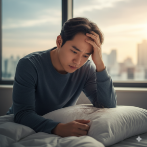 베개 위의 빠진 머리카락을 보며 탈모로 고민하는 한국인 남성