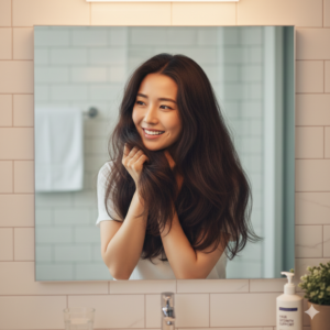 거울을 보며 다시 풍성해진 머릿결을 만지며 기뻐하는 여성 (Woman happy with her regained thick hair while looking in the mirror)