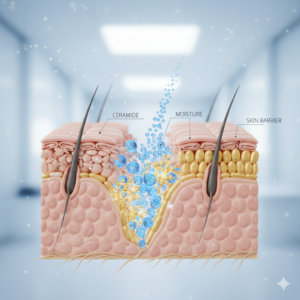 Microscopic view of skin barrier repair with ceramide and moisture