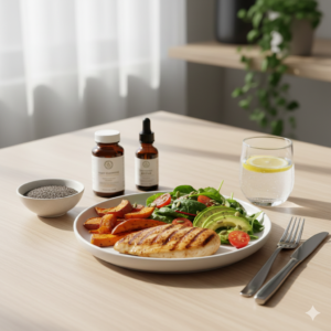 모발 영양제와 신선한 채소, 단백질 위주의 건강한 식단 (Healthy diet with hair supplements, fresh vegetables, and protein)