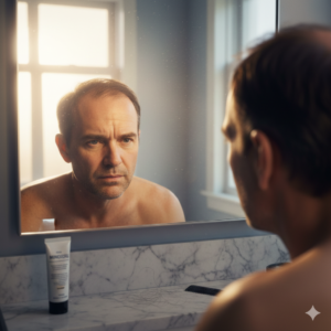 거울 앞에서 자신의 정수리를 걱정스럽게 비추어 보는 남성의 뒷모습