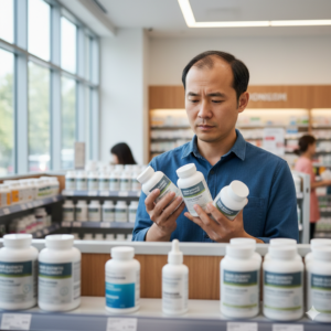 다양한 탈모 영양제 통을 비교하며 고민하고 있는 남성 (Man comparing various hair loss supplement bottles thoughtfully)