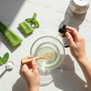 알로에 베라와 보습 원액을 섞어 만드는 천연 두피 팩 제조 과정 (Process of making a natural scalp mask using aloe vera and moisturizing concentrate)