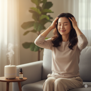 두피 마사지로 두통과 스트레스를 해소하며 혈액순환을 촉진하는 한국 여성