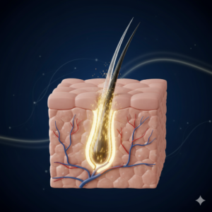 모낭 내부에서 굵은 머리카락으로 변해가는 과정 일러스트 (Medical illustration of a hair follicle transitioning from vellus to terminal hair)