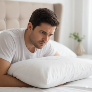 아침에 일어나 베개를 확인하는 남성 (Morning hair loss check on pillow)