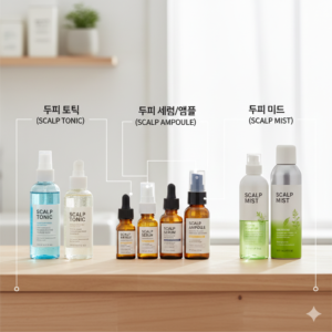 다양한 종류의 두피 보습제인 토닉, 세럼, 미스트 제품군 이미지 (Various types of scalp moisturizers including tonic, serum, and mist)