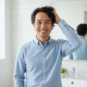 풍성해진 헤어라인에 자신감을 되찾고 환하게 웃는 남성 (Confident man with thick hairline smiling happily)