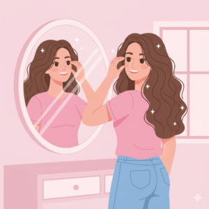 탈모 고민을 해결하고 풍성한 머릿결로 자신감 있게 외출 준비를 하는 여성 인스타툰 (confident 20s woman with thick voluminous hair after recovery from hair loss )