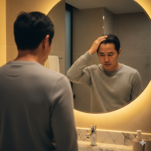 거울 앞에서 고민에 빠진 남성의 뒷모습과 비어있는 정수리 (Back view of a man looking in the mirror with thinning crown hair)
