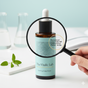 화장품 성분표를 꼼꼼히 분석하는 돋보기와 두피 보습제 병 (Analyzing cosmetic ingredient list with a magnifying glass and scalp moisturizer bottle)