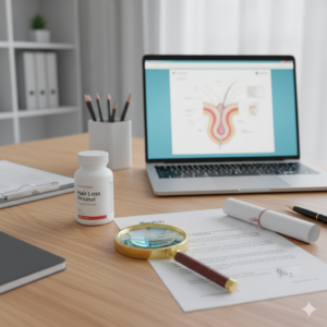 탈모약 패키지와 돋보기가 놓여 있는 전문적인 책상 위 모습