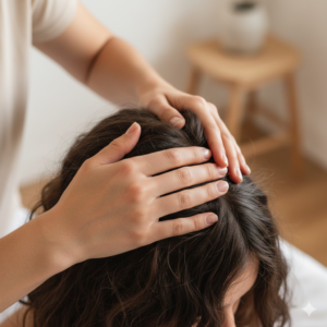 두피 마사지를 하는 손길 (Scalp massage for hair growth)