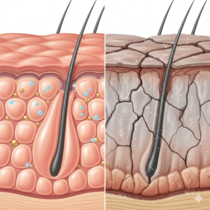 얼굴 피부 관리와 방치된 건조한 두피의 비교 메디컬 일러스트 (Comparison of facial skin care vs neglected dry scalp conceptual medical illustration)