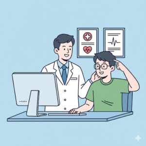 병원에서 전문가에게 탈모 상담을 받으며 안심하는 표정의 남성 (Young man feeling relieved while consulting with a specialist about hair loss)