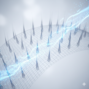 가발 소재의 통기성을 강조한 메디컬 일러스트 (Medical illustration of breathable hairpiece base)