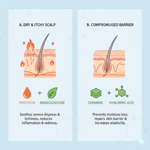 두피 타입별로 추천하는 보습 성분 조합 인포그래픽 (Infographic showing recommended moisturizing ingredient combinations by scalp type)