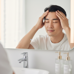 손가락 지문을 이용해 두피를 부드럽게 마사지하는 모습 (Gently massaging the scalp using fingertips for better absorption)
