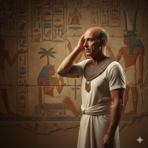 고대 이집트 벽화 앞에서 탈모 고민을 하는 고대인의 모습 (Ancient Egyptian reflecting on hair loss in front of a mural)