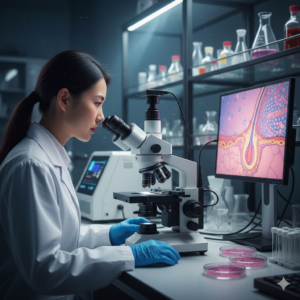 현대적인 연구실에서 현미경으로 모근을 관찰하는 연구원 (Researcher observing hair follicles through a microscope in a modern lab)
