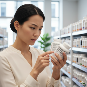 영양제 성분표를 꼼꼼히 읽으며 자신에게 맞는 제품을 선택하는 여성 (Woman carefully reading supplement labels to choose the right product)
