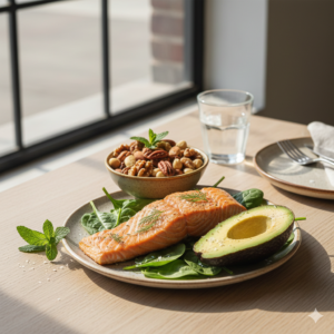 두피 건강에 좋은 견과류, 연어, 아보카도 등이 정갈하게 놓인 건강한 식단 (Healthy meal with nuts, salmon, and avocado for scalp health)