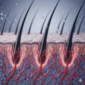 현미경으로 본 건강한 모발 뿌리와 혈류 흐름 (Microscopic view of healthy hair roots and blood flow)