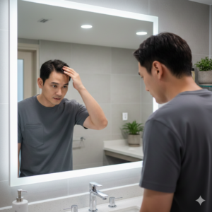 거울 앞에서 자신의 정수리를 유심히 살피는 30대 한국인 남성 (A 30s Korean man looking closely at his crown in a bathroom mirror)