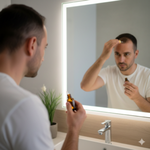 거울을 보며 정수리에 두피 세럼을 꼼꼼히 바르고 있는 남성의 모습 (A man carefully applying scalp serum to his crown in front of a mirror)