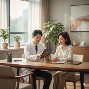 건강한 모발 관리를 위해 전문가와 상담하는 중년 여성 (Middle-aged woman consulting a specialist for healthy hair management)