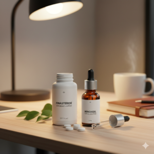 책상 위에 놓인 탈모약 통과 두피에 바르는 미녹시딜 제품 (Hair loss medication bottle and Minoxidil solution for scalp application)