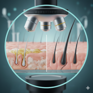 두피 모공 속 피지와 각질이 쌓인 모습과 깨끗해진 모습 비교 (Comparison of scalp pores clogged with sebum and dead skin vs clean pores)