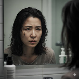 바르는 미녹시딜 사용 후 끈적이는 두피와 불편해하는 여성의 모습 (Woman with greasy scalp and discomfort after applying topical minoxidil)