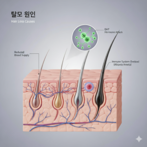 탈모의 원인을 보여주는 두피 모근 구조 3D 일러스트 (3D medical illustration of scalp hair follicle structure for hair loss analysis)
