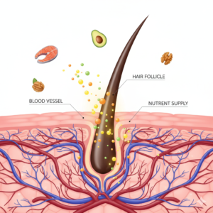 혈관을 통해 두피 모근으로 영양분이 공급되는 과정을 형상화한 일러스트 (Illustration showing nutrients being supplied to scalp hair follicles through blood vessels)