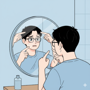병원에서 전문가에게 탈모 상담을 받으며 안심하는 표정의 남성 (Young man feeling relieved while consulting with a specialist about hair loss)