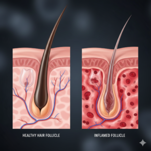 현미경으로 본 건강한 모낭과 염증이 있는 모낭의 비교 이미지 (Microscopic comparison between a healthy hair follicle and an inflamed one)