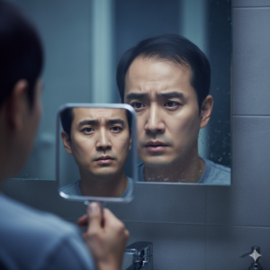 거울을 보며 머리카락을 체크하는 불안한 표정의 한국인 남성 (Anxious Korean man checking his hair in the mirror)