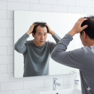 거울을 보며 깊게 파인 M자 헤어라인을 심각하게 점검하는 남성 (Man checking deep M-shaped hairline in the mirror)