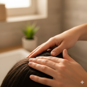 두피 보습제를 바른 후 손가락 지문으로 부드럽게 마사지하는 모습 (Gently massaging the scalp with fingertips after applying moisturizer)