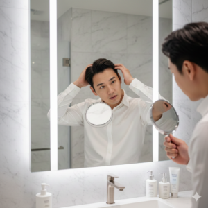울을 보며 두피 상태를 체크하는 한국인 남성 (A professional Korean man checking his scalp health in a clean, modern bathroom mirror)