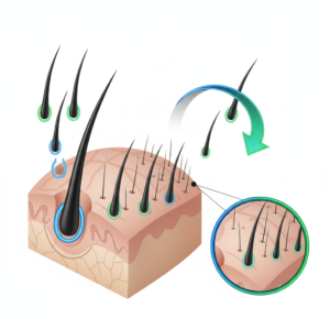 모발이식의 원리를 설명하는 3D 메디컬 일러스트 (3D medical illustration showing hair follicle transplantation)